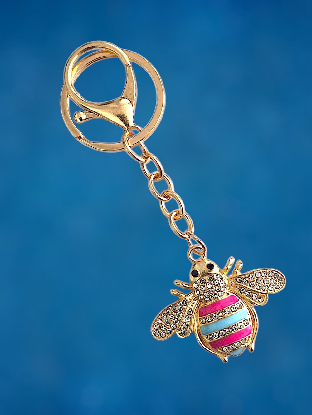 Gold Bee Bag Charm / Keychain with Pink & Turquoise Stripes